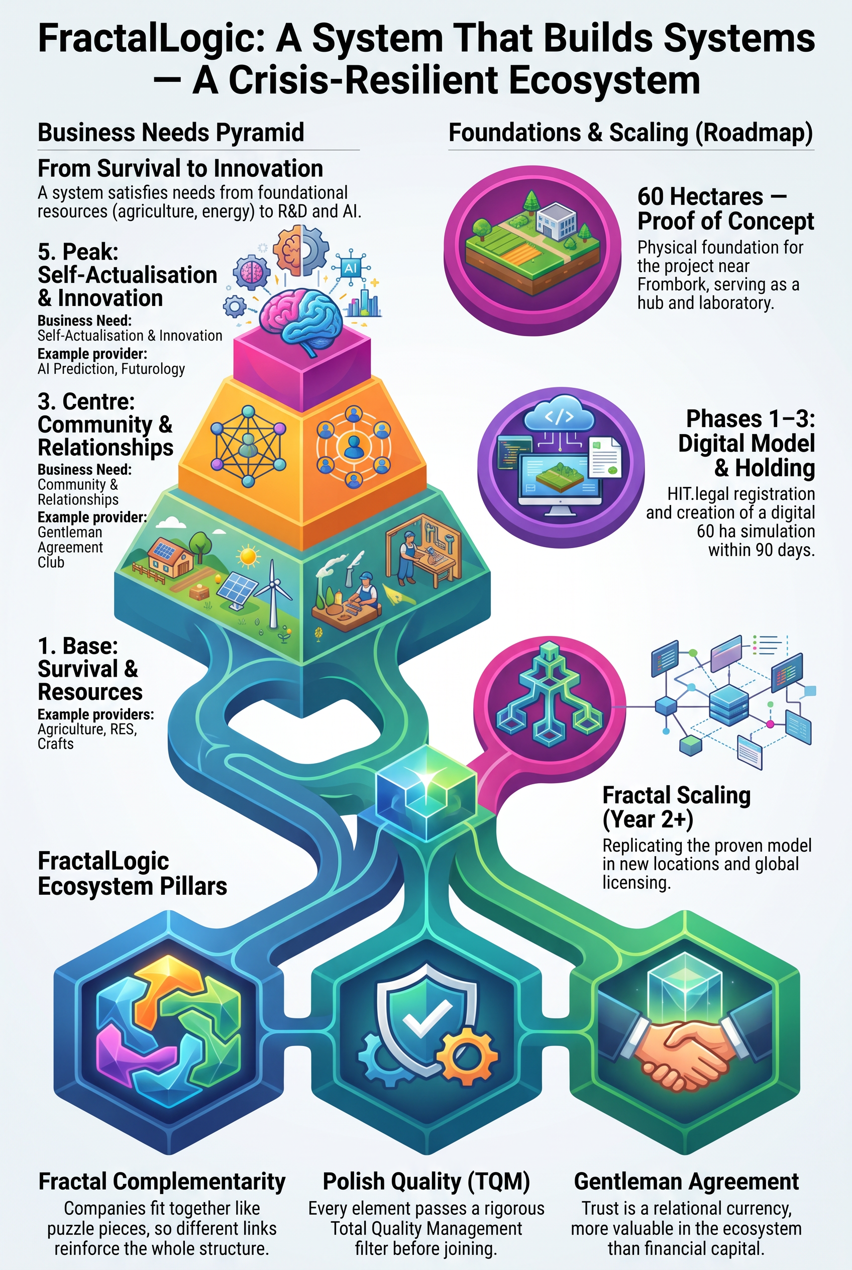 FractalLogic — business needs pyramid, roadmap and ecosystem pillars